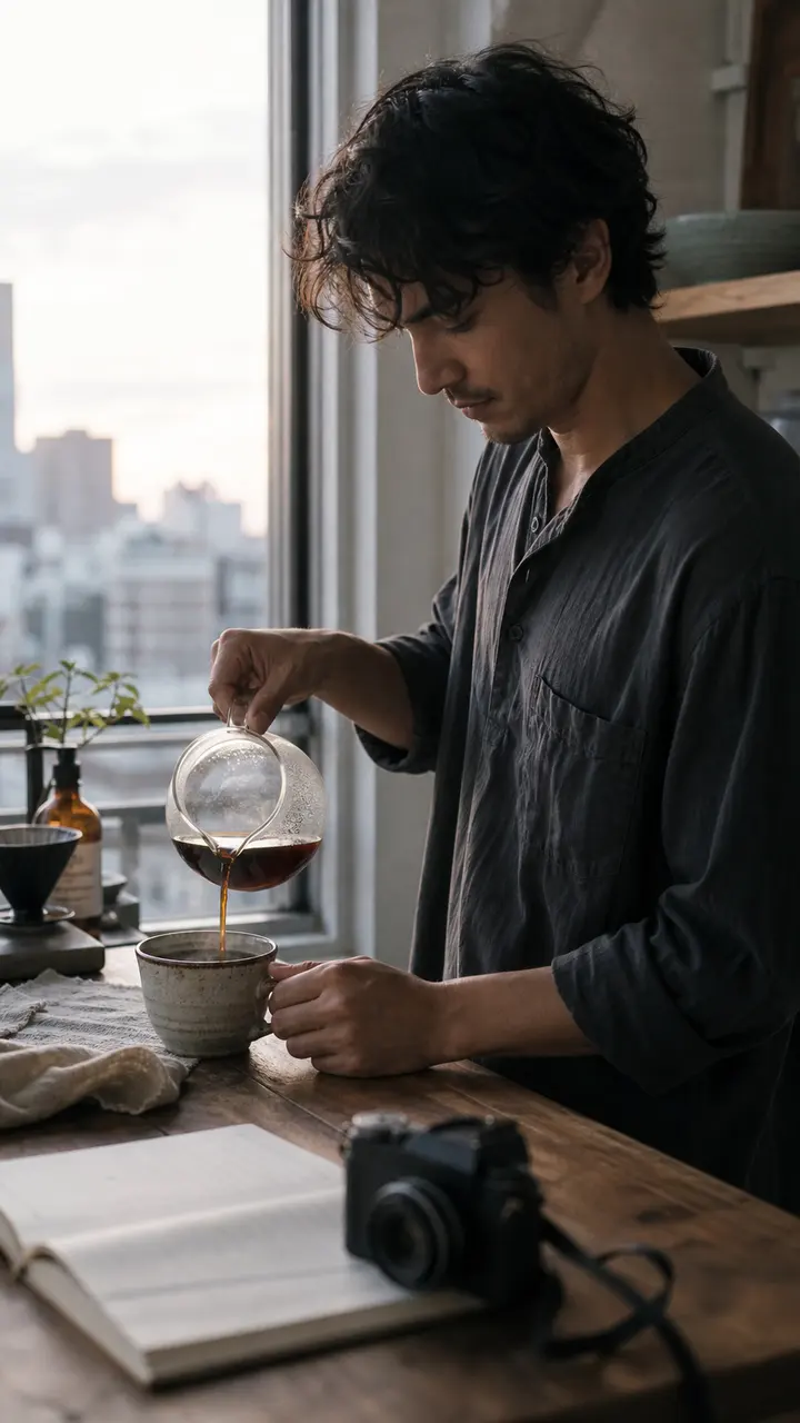Un creador sirve café junto a una ventana luminosa.