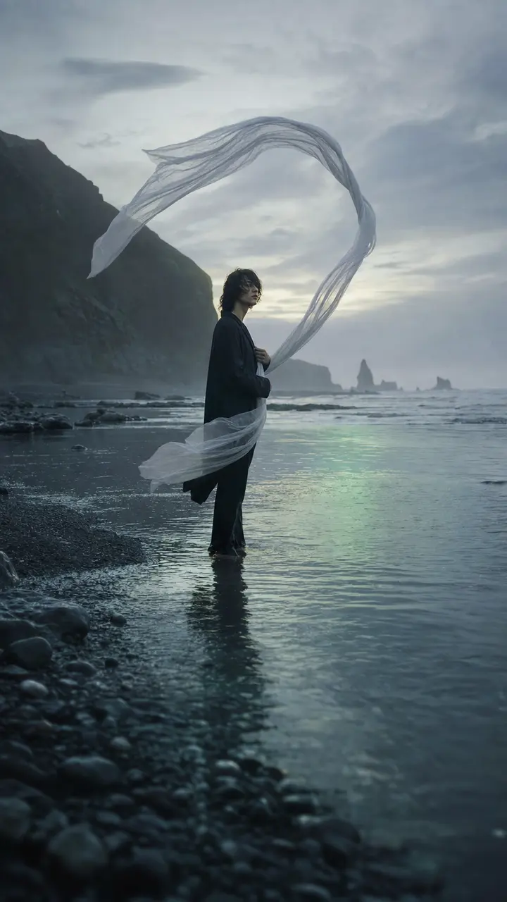 Un cantante permanece en el agua mientras una tela translúcida forma un arco al viento.