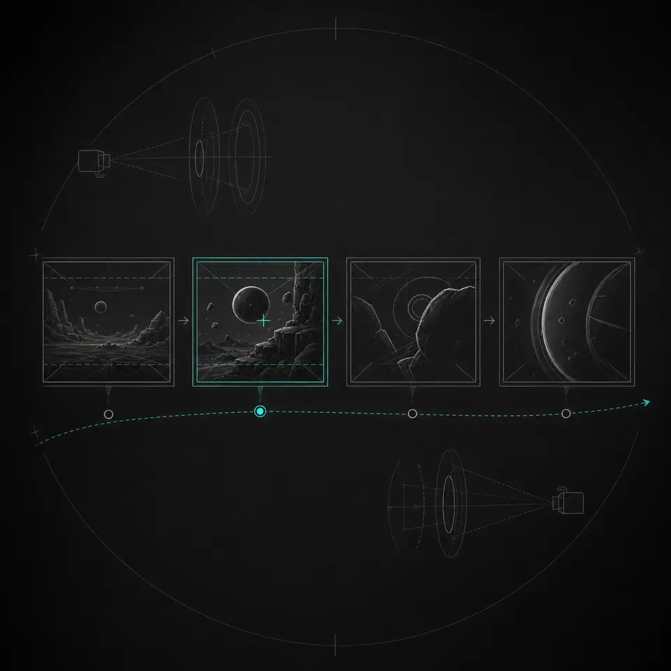 Ilustración de línea fina de un storyboard de cuatro planos con guías de lente y movimiento de cámara